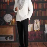 Crystals Men Suit Set 2 Piece White Blazer+Black Pant Trousers Customized Formal Office Jacket Prom Wedding Tuxedos Coat